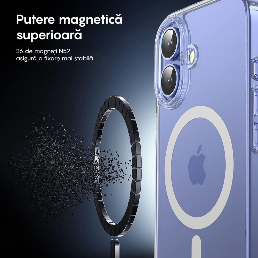 Husa compatibila cu Incarcare Magsafe compatibila cu iPhone 16, CASEY STUDIOS™, Transparent, de Protectie, Slim, pentru Incarcare Wireless, Margini Ridicate de Protectia Ecranului si a Camerelor