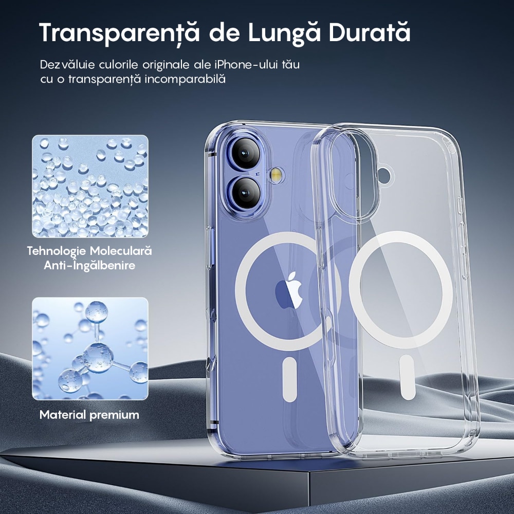 Husa compatibila cu Incarcare Magsafe pentru pentru Apple iPhone 16 Plus, CASEY STUDIOS™, Transparent, de Protectie, Slim, pentru Incarcare Wireless, Margini Ridicate pentru Protectia Ecranului si a Camerelor