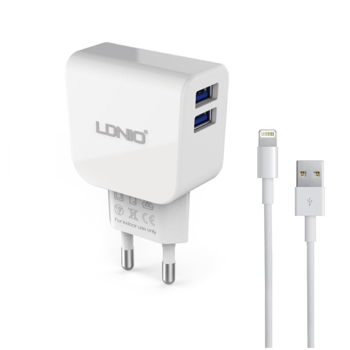 Мрежово зарядно устройство, LDNIO DL-AC56, 5V/2.1A, 2 USB Порта, С Lightning Кабел (iPhone 5/6/7), Бял
