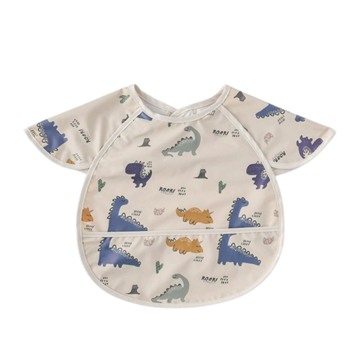 Baveta de hranire pentru bebelusi, imprimeu cu dinozauri, impermeabil, bej, 6-36 luni