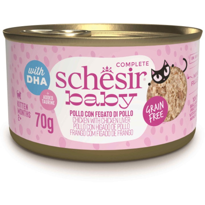 Hrana umeda pentru pisici Schesir Baby Conserva, Supa cu Pui si Ficat 70 gr
