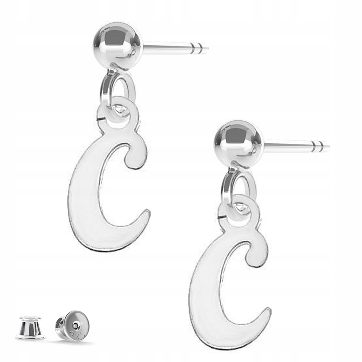 Cercei Dama, Larezo, Litera Mica C, Argint 925, Antialergice, Inchidere Tip Stift, Inaltimea Pandantivului 10 mm, Aurire 24K, Pentru Femei, Ambalaj Pentru Cadou, Argintiu