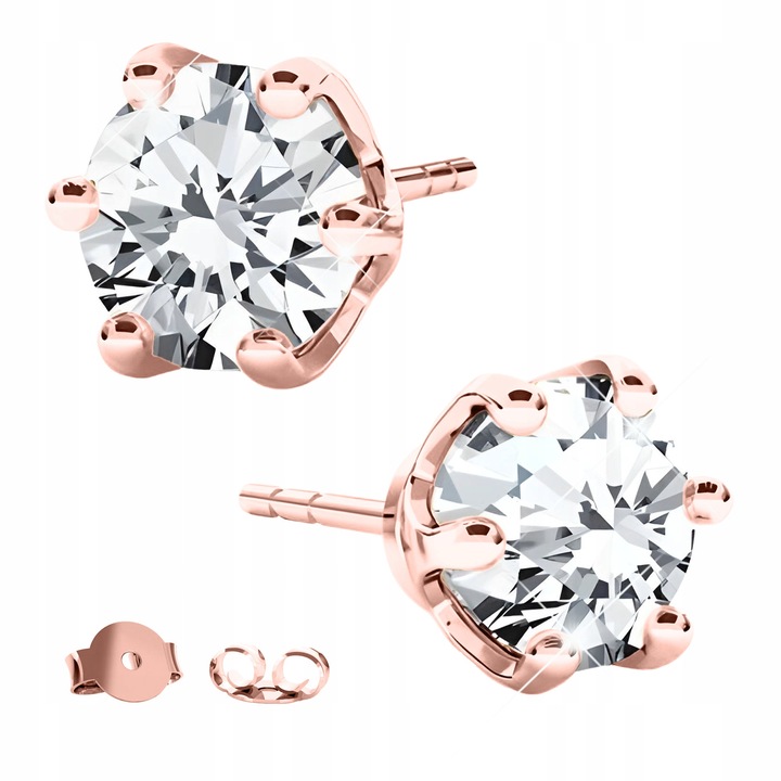 Cercei Dama, Larezo, Argint 925, Aur Roz Roz 18K, Zirconii Albe, Stift, Lungimea Stiftului 12 mm, Diametrul Zirconiei 6 mm, Antialergice, Pentru Femei, Set, 1 Pereche De Cercei, Cutie Pentru Bijuterii In Ambalaj Cadou, Multicolor