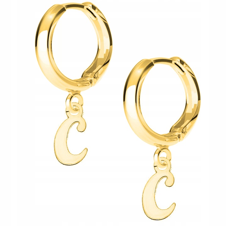Cercei Dama, Larezo, Litera Mica C, Argint 925, Placat Cu Aur De 24 De Karate, Inchideri Englezesti, Pentru Femei, Inaltimea Carligului 17 mm, Inaltimea Pandantivului 10 mm, Set Cu Cutie Pentru Bijuterii Premium, Auriu