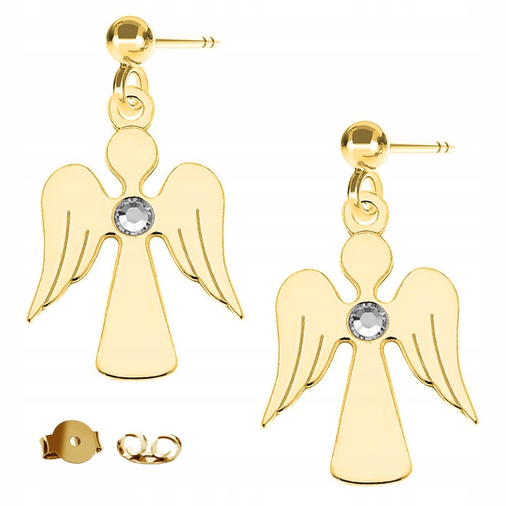 Fülbevaló, Larezo, Angyalka cirkóniával, 925 ezüst, 24K arany bevonat, cirkónia, Talisman magassága 17 mm, stiftes záródás, nőknek, ajándékcsomagolás prémium ékszerdobozban, aranyszínű