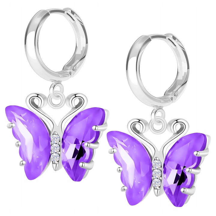 Cercei Dama, Larezo, Argint 925, Fluturi Mov, Zirconiu, Antialergice, Inchidere Tip Bigle Englezesc, Dimensiuni 30 mm, Greutate 7,2 g, Pentru Femei, Multicolor, Set Cu Cutie Cadou, Multicolor