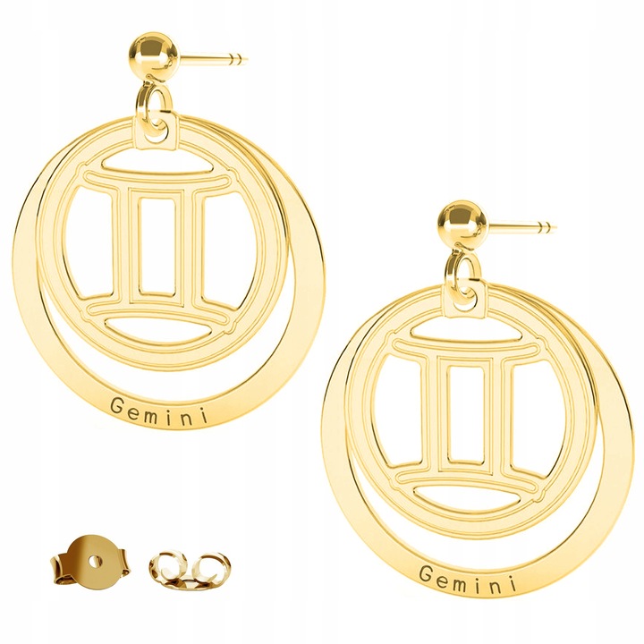 Cercei Dama, Larezo, Semn Zodiacal Gemeni, Argint 925, Placat Cu Aur De 24 De Karate, Inaltimea Pandantivului 22 mm, Antialergic, Pentru Femei, Ambalaj De Cadou Cu Certificat De Calitate, Auriu