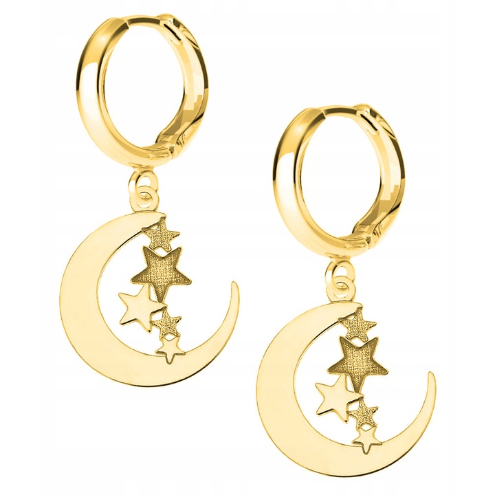 Cercei Dama, Larezo, Luna Stele, Argint 925 Acoperit Cu Aur De 24K, Lungimea Pandantivului 1,8 cm, Antialergice, Inchidere Englezeasca, Ambalaj Cadou Cu Certificat De Calitate, Auriu