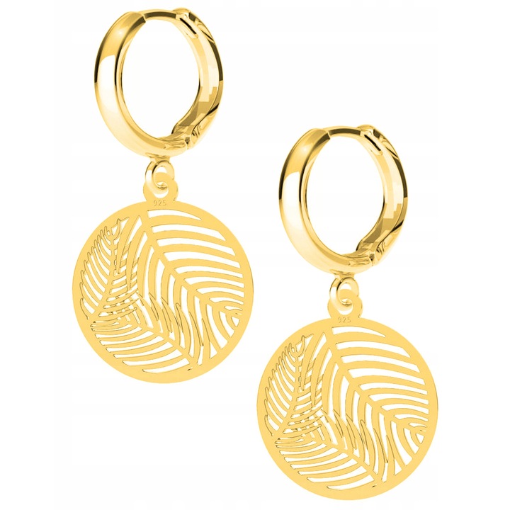 Cercei Dama, Larezo, Frunze De Palmier, Argint 925 Placat Cu Aur De 24K, Lungime 1,9 cm, Inchidere Engleza, Antialergic, Pentru Femei, Set Cu Cutie Pentru Bijuterii Premium, Auriu