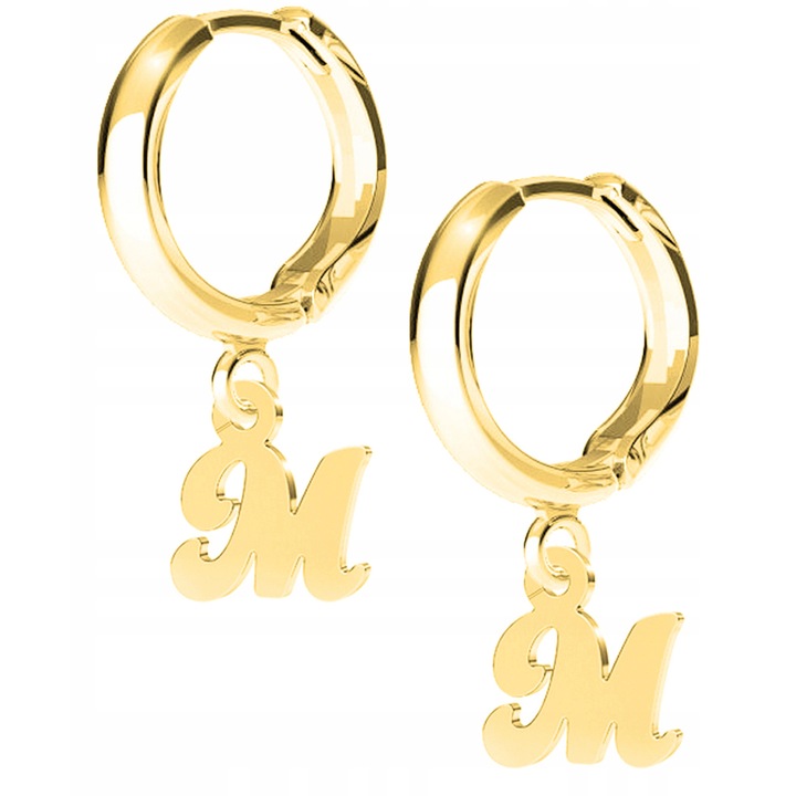 Cercei Dama, Larezo, Litera M, Argint 925, Aurii, Antialergici, Brida Englezeasca, Inaltimea Bridei 17 mm, Inaltimea Pandantivului 9 mm, Set Cu Cutie Pentru Bijuterii Premium, Auriu
