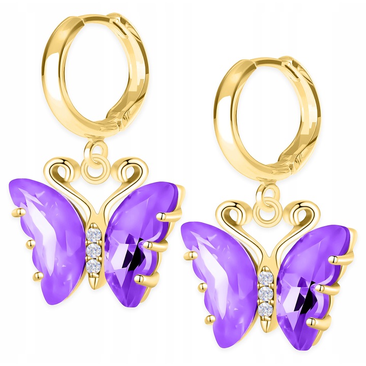 Cercei Dama, Larezo, Leverback, Fluturi Mov, Argint 925 Acoperit Cu Aur 585, Zirconiu, Lungime 3 cm, Greutate 7,2 g, Antialergice, Pentru Femei, Ambalaj Cadou, Multicolor