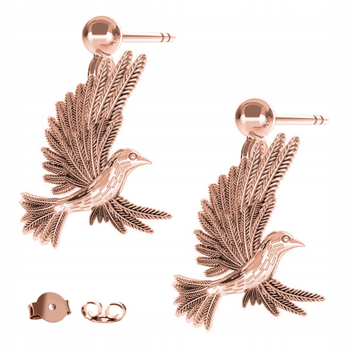 Cercei Dama, Larezo, Pasare, Argint 925 Acoperit Cu Aur Roz De 18 Karate, Lungime 1,4 cm, Antialergic, Pentru Femei, Set Cu Cutie Pentru Bijuterii Premium, Roz