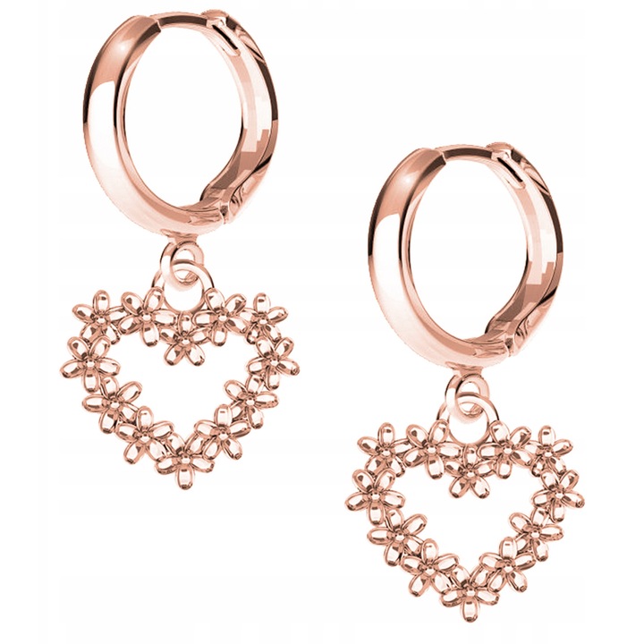 Cercei Dama, Larezo, Inima Flori, Argint 925 Acoperit Cu Aur Roz De 18 Karate, Lungime 1,5 cm, Inchidere Englezeasca, Pentru Femei, Set Cu Cutie Cadou, Roz