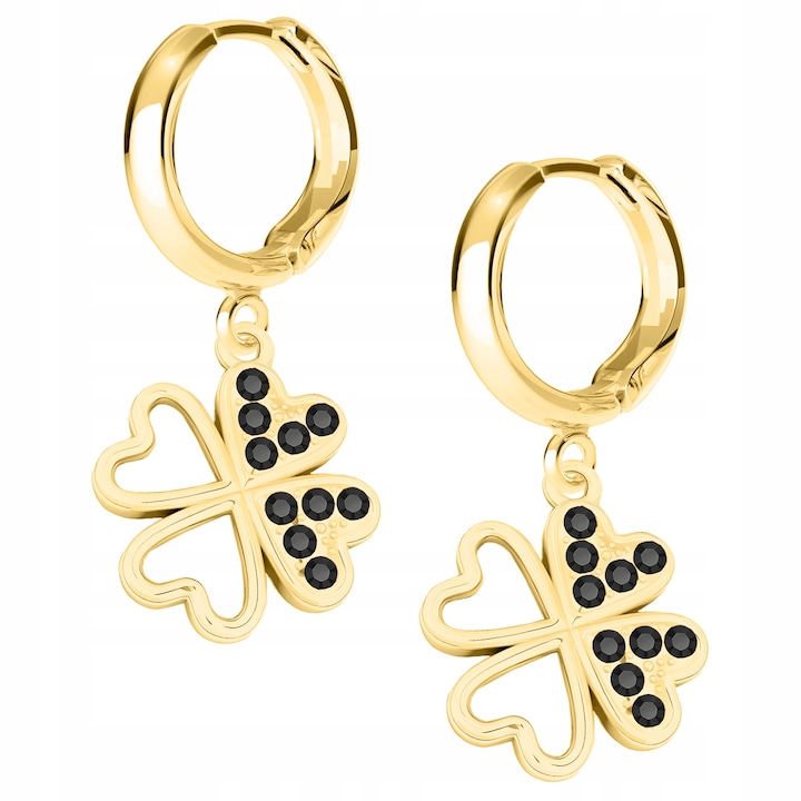Cercei Dama, Larezo, Leverback, Argint 925, Aurit, Motiv De Trifoi Cu Zirconie Neagra, Femei,4,5 g, Set Cu Cutie Pentru Bijuterii Premium, Auriu