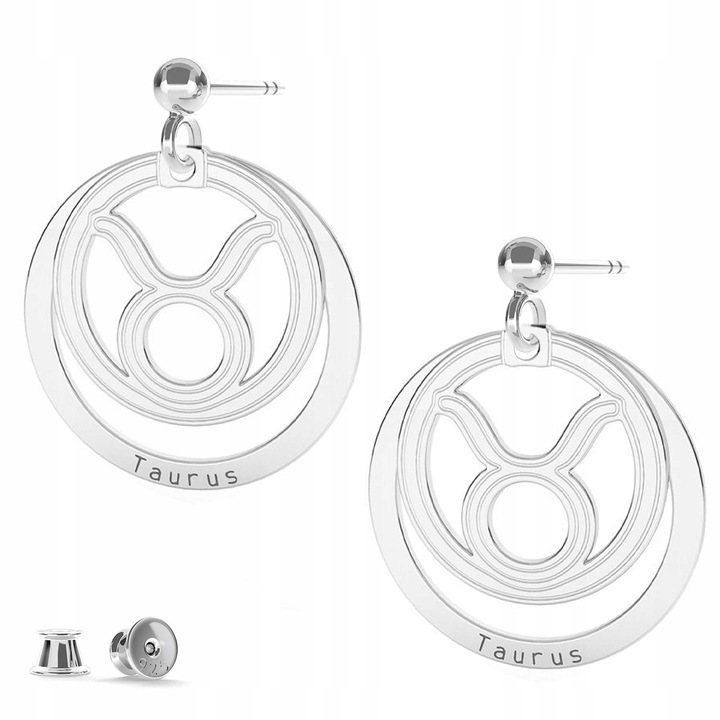 Cercei Dama, Larezo, Semn Zodiacal Taur, Argint 925, Stift, Inaltimea Pandantivului 22 mm, Antialergic, Cutie Pentru Bijuterii Inclusa, Argintiu