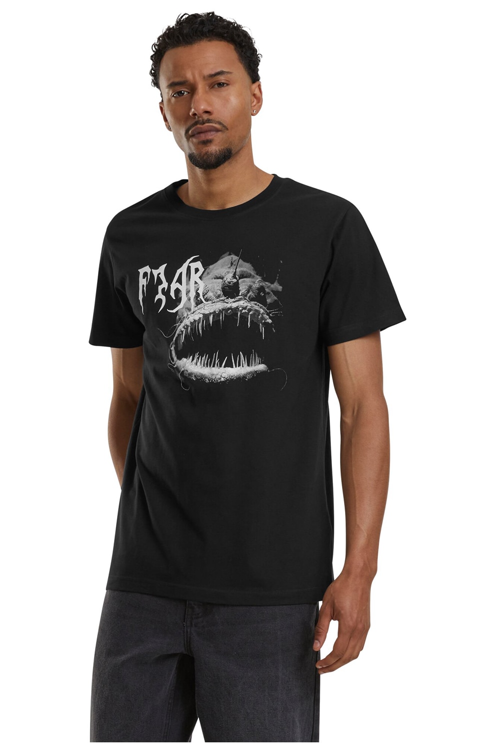 Mister tee, Tricou cu imprimeu si decolteu la baza gatului, Negru, Gri, L