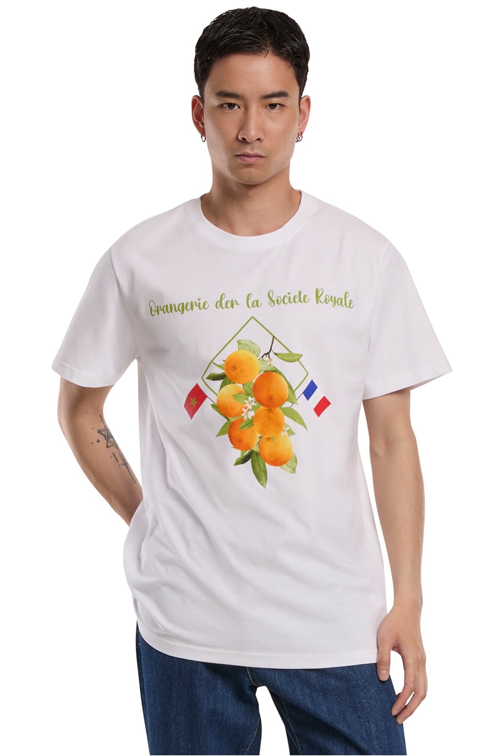 Mister tee, Tricou din bumbac cu imprimeu text si fructe, Alb, Verde, Portocaliu, XS