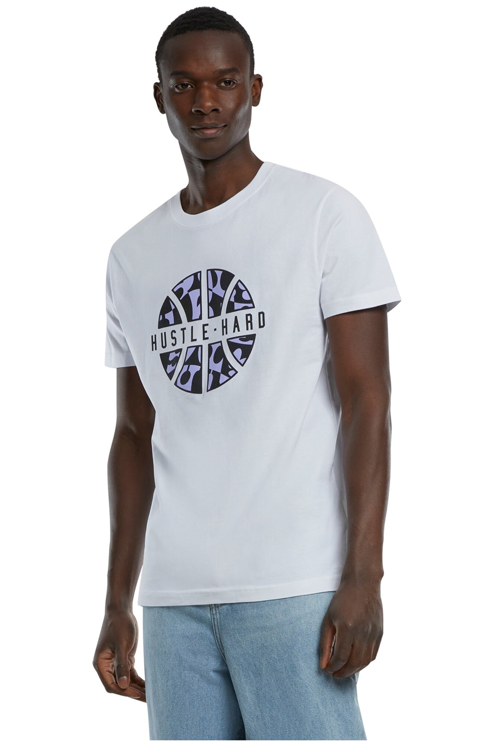Mister tee, Tricou cu imprimeu si decolteu la baza gatului, Negru, Violet deschis, Alb murdar, L