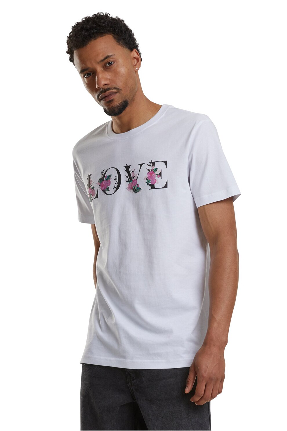 Mister tee, Tricou cu imprimeu floral si text, Alb, Negru, Roz, L