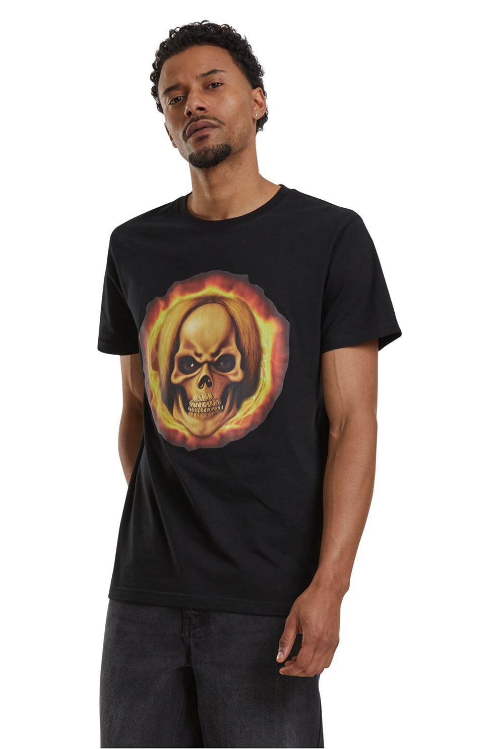 Mister tee, Tricou cu imprimeu grafic si decolteu la baza gatului, Galben, Negru stins, Portocaliu inchis, M