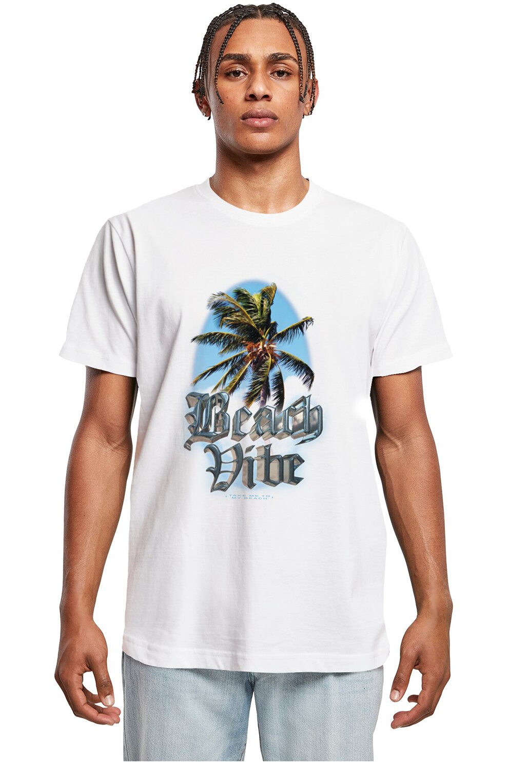 Mister tee, Tricou din bumbac cu decolteu la baza gatului, Alb, Albastru azur, XL