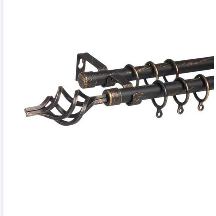 Galerie pentru perdele, extensibila dubla, cu finisaje vintage, metalica, negru/auriu, 110-200cm