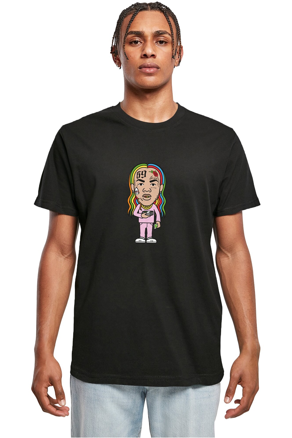 Mister tee, Tricou cu imprimeu grafic si decolteu la baza gatului, Negru, Roz pastel, M