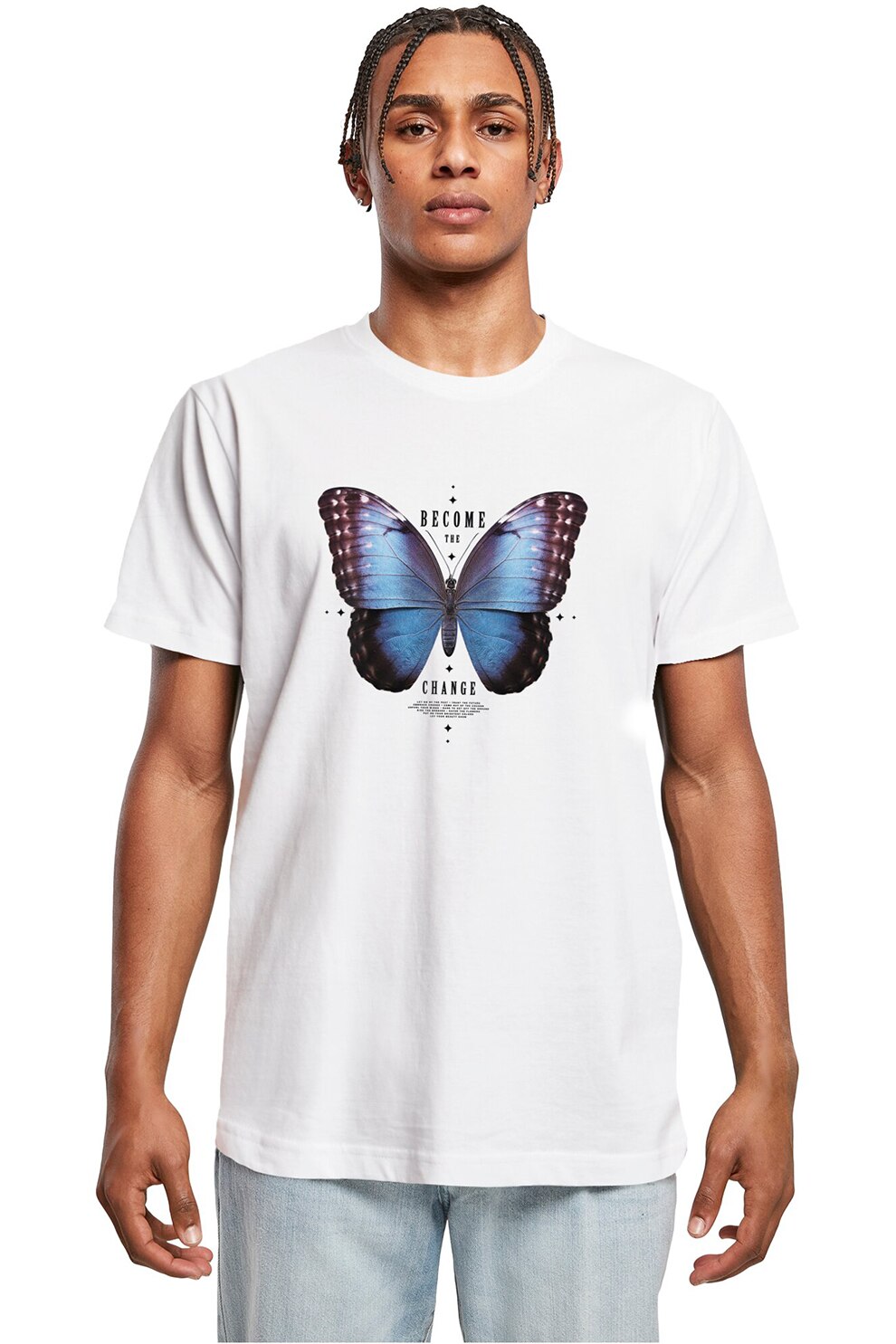 Mister tee, Tricou lejer cu imprimeu grafic si text, Alb, Albastru azur, L