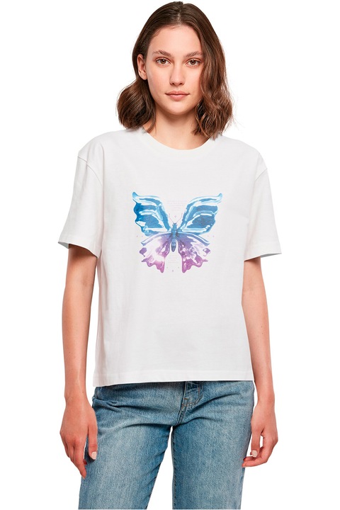 Mister tee, Tricou cu imprimeu fluture pe partea din fata, Alb/Violet/Albastru royal