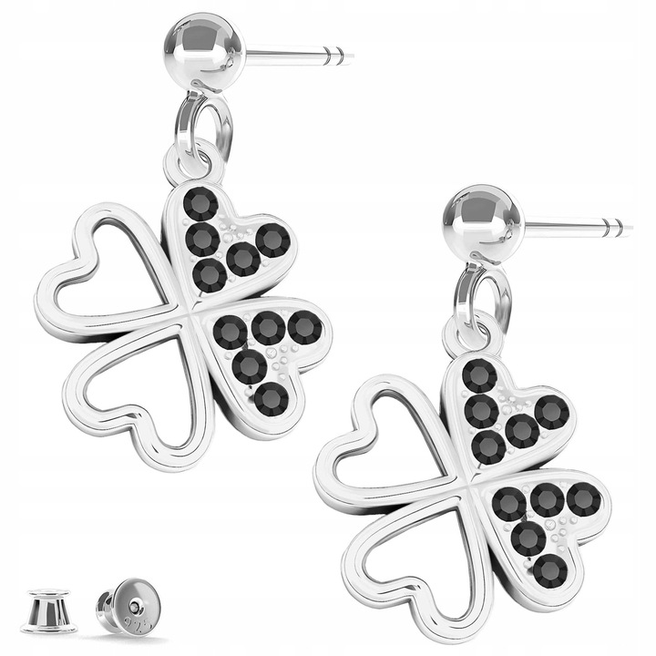 Cercei Dama, Larezo, Argint 925, Pe Tija, Trifoi Cu Zirconii Negre, Pentru Femei, 1 Pereche, Ambalaj Pentru Cadou, Argintiu