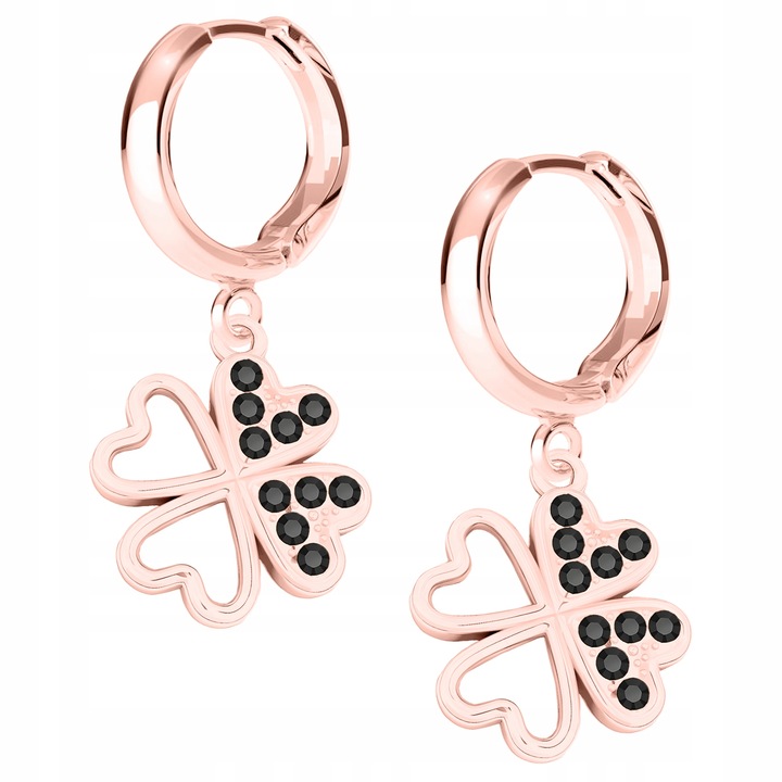 Cercei Dama, Larezo, Argint 925, Aur Roz, Zircon Negru, Motiv De Trifoi, Femei, Set Cu Cutie Pentru Bijuterii Premium, Roz