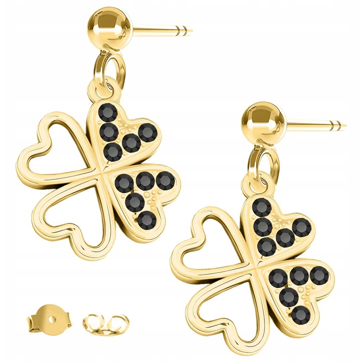 Cercei Dama, Larezo, Argint 925, Acoperire Aurie 24K, Zirconie Neagra, Motiv De Trifoi, Femei, Set Cu Cutie De Cadou, Auriu