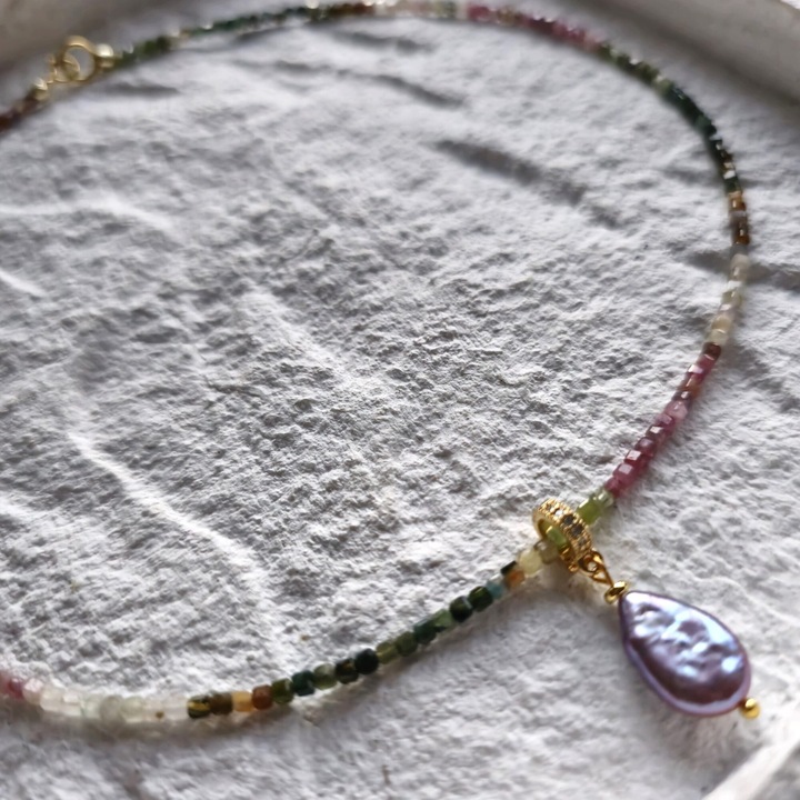 Colier din turmalina cu perlă naturală roz, 39cm, argint aurit 925