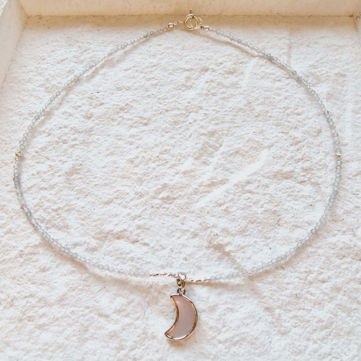 Colier KRIS DESIGN ART din piatra lunii cu charm luna, argint aurit 925, 39cm, 2mm
