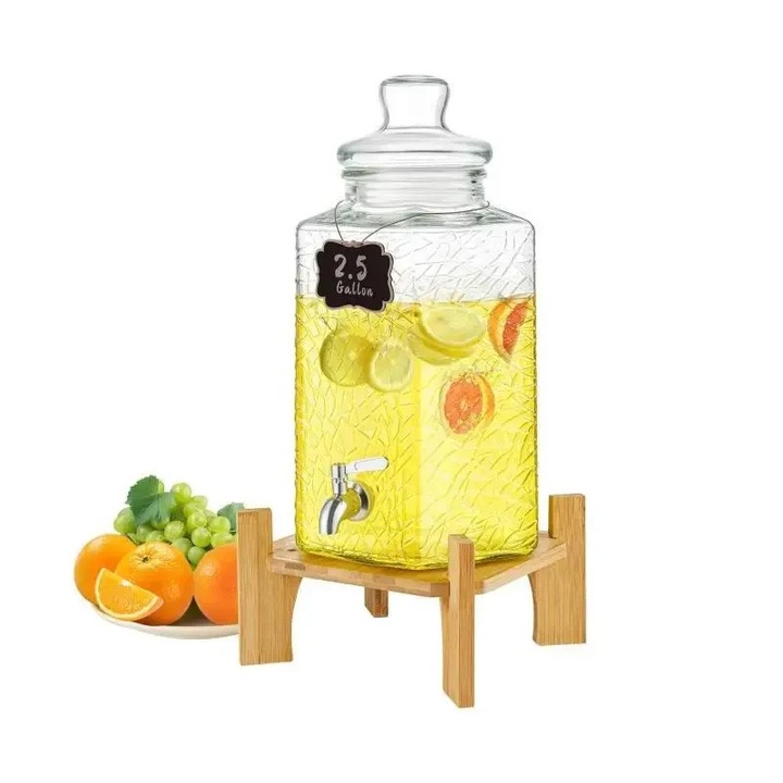 Üveg italadagoló, gyümölcslé-adagoló állvánnyal, 2, 5 gal, rozsdamentes acél csap, fa talp, átlátszó