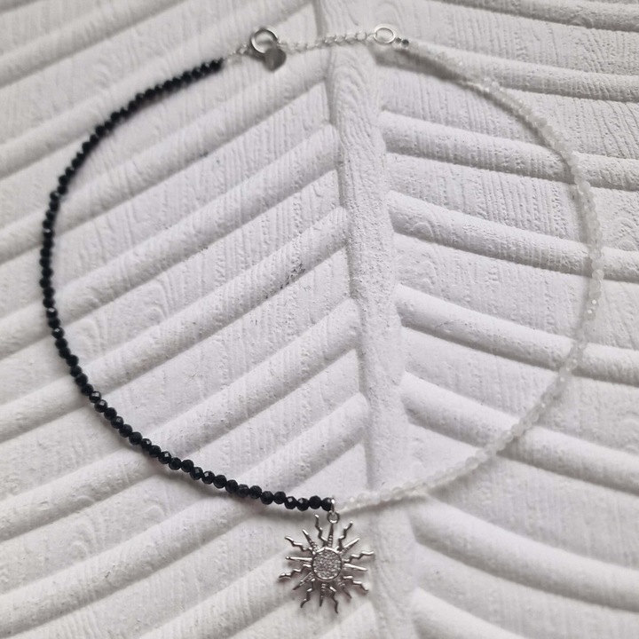 Colier bicolor KRIS DESIGN ART cu charm soare, turmalină neagră și piatră lunii, 38 cm