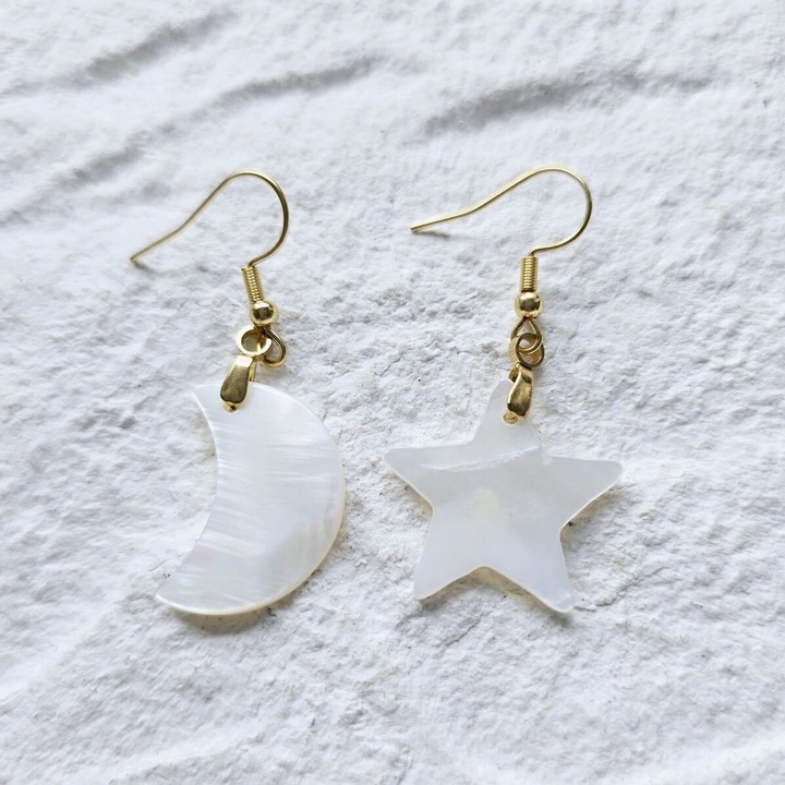 Cercei KRIS DESIGN ART, stea și lună, sidef, set