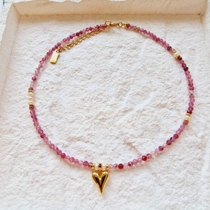 Colier KRIS DESIGN ART, turmalina roz, charm inimă, 38x5cm