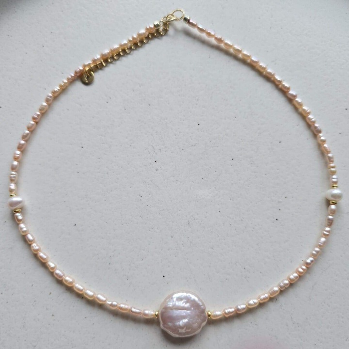 Colier din perle naturale Keshi, KRIS DESIGN ART, perle roz-mov, 38cm