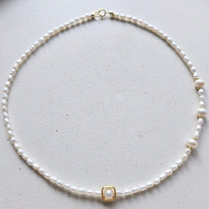 Colier din perle Keshi cu charm pătrat, KRIS DESIGN ART, 39cm, argint aurit 925