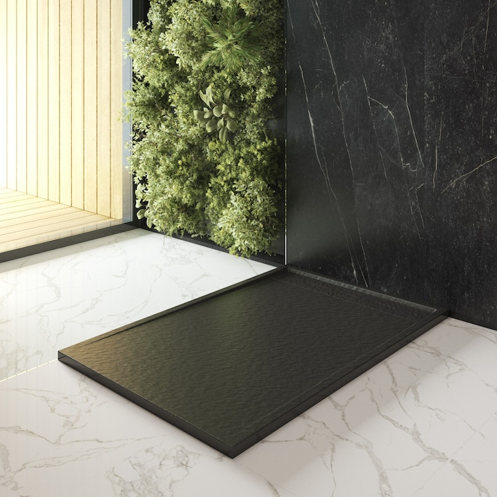 Cabina De Dus, Granitan, Viva, Dreptunghiulara 120x80 cm, Compus Din Duroplast, Negru Mat, Antiderapant, Dren Liniar