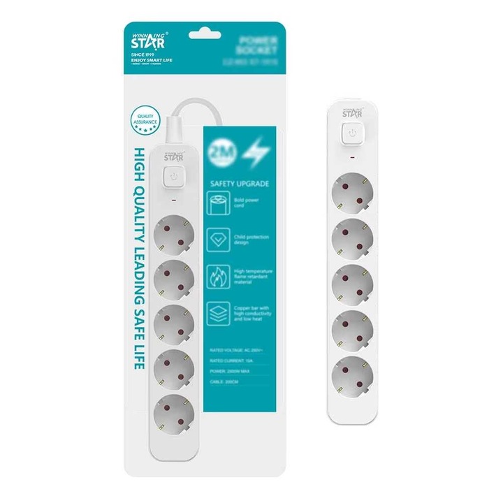 Winning Star ST-1016 Hálozati kapcsolós elosztó 6 aljzattal, 2 m kábel hosszal