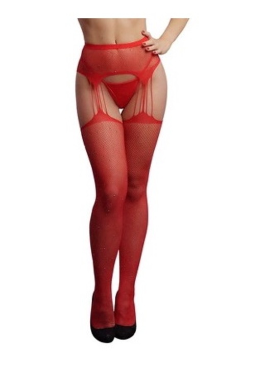 Hálós harisnya, ShotsToys, strasszokkal, elasztikus, piros, One Size INTL