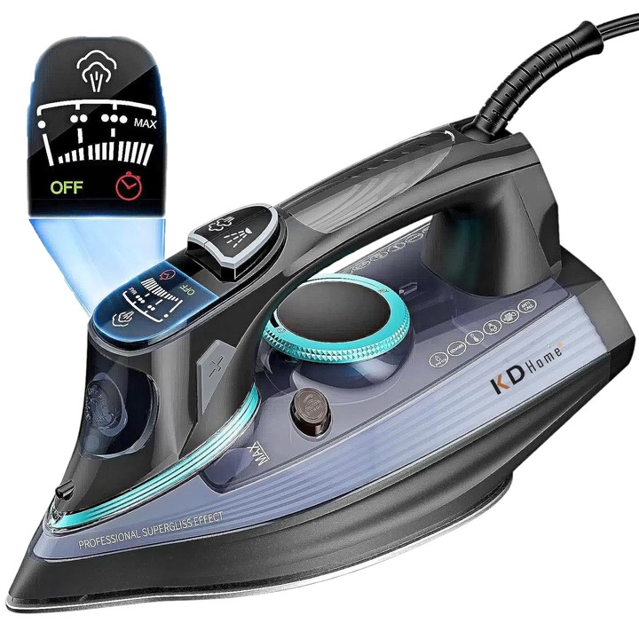 Ютия KD Home SteamForce, 3200 W мощност, с пара, парна струя 280 g/min, керамична гладеща плоча Air Glide, цифров дисплей, 500 ml резервоар за вода, ултра бързо нагряване, функция за автоматично изключване при изпускане