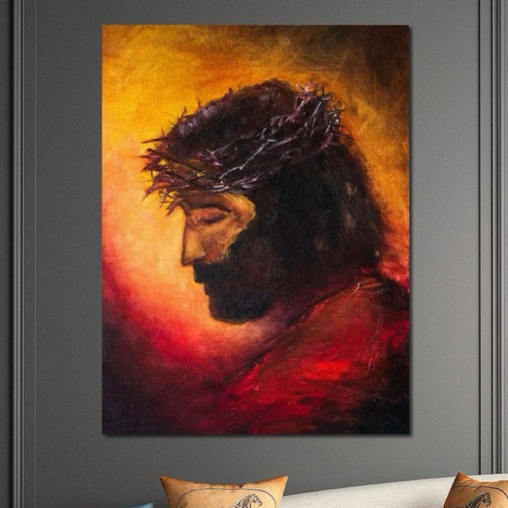 Премиум картина върху платно, LuxCanva® H1008, Носителят на греховете на света, 100 X 135 CM, 100% памучно платно 400g/m2, дървена рамка, Жертва, Грехове, Свят, Страдание, Любов, Спасение, Корона, Светлина, Хол