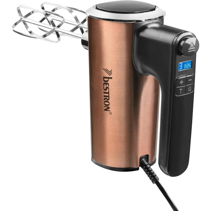 Mixer de mana Bestron Copper Collection, 400 W, 6 viteze + turbo, protectie la supraincalzire, 2 accesorii, display LCD, Cupru