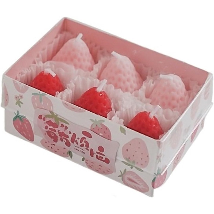 Set 6 Lumanari Parfumate, By Fitilomania, Model Capsunici, Ardere 30 min, 78g, 6.3 x 9.3 x 3.8 cm, Roz/Rosu