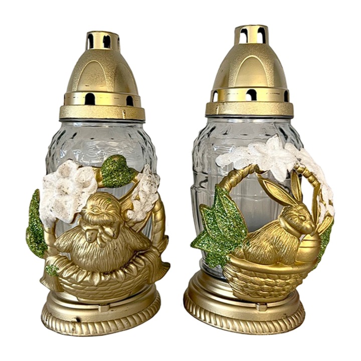 Set 2 candele din sticla, decor Paste, iepuras si puisor