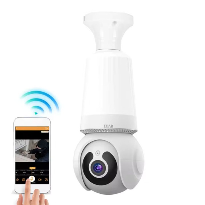 Camera De Supraveghere Tip Bec EDAR, Pentru Interior, Smart, Control Aplicatie Telefon, Montare In Dulie E27 Sau Normal, 3MP, HD, Senzor Detectie Miscare, Rotativa, Infrarosu, Comunicare Bidirectionala, Difuzor Si Microfon Incorporate, Alba