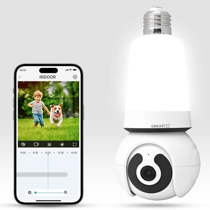 Camera De Supraveghere Video GREATON Tip Bec, Wireless, Detector De Miscare, Comunicare Bidirectionala, Infrarosu, Rotativa, Montare In Dulie E27 Sau Normal, 3MP, Alba